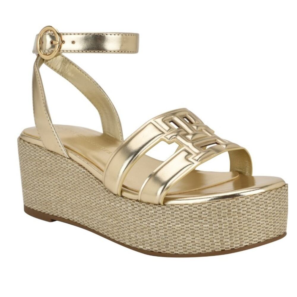 Tommy Hilfiger Women's Vastie Raffia Platform Wedge Sandals Gold Size 10